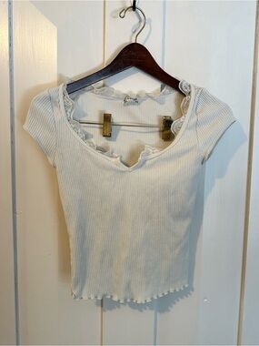 Free People Cream Ribbed Lace-Trim Scoop Crop Top